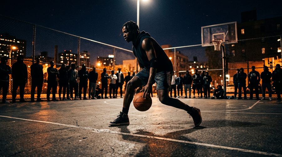 Pemain streetball melakukan dribel kreatif di lapangan malam dikelilingi siluet penonton