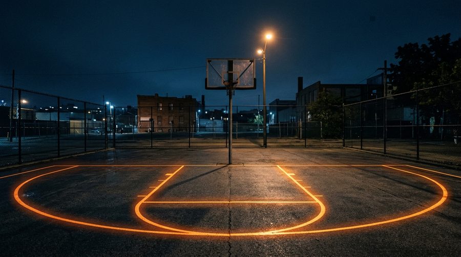 Satu keranjang basket berdiri di lapangan setengah bidang kosong dengan garis lapangan menyala cahaya jalan di malam hari